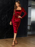 Elegant Wine Velvet Midi Party Dress for Women with Long Sleeves and Square Collar